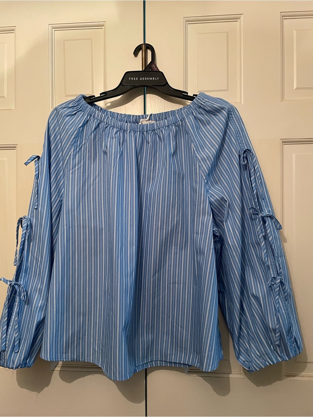 Light Blue Striped Off-Shoulder Blouse with Tie-Sleeve Detail